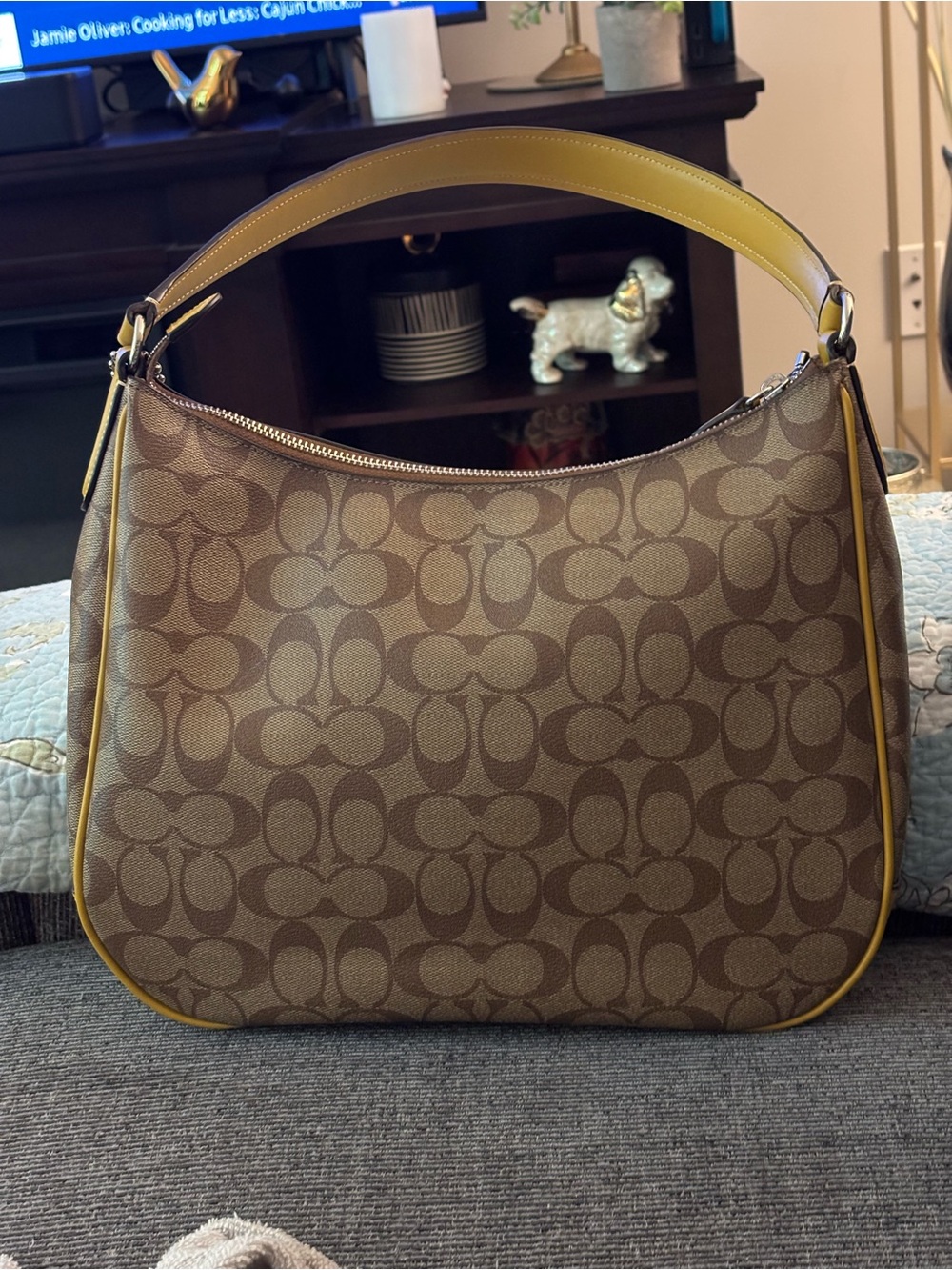 Coach Signature Canvas Leather Zip Shoulder Hobo Bag Tan Brown with Yellow Trim - Picture 2 of 11